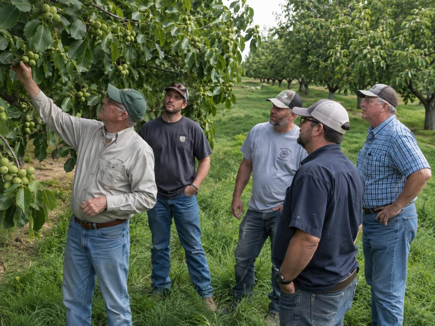 Team inspecting a mature walnut orchard